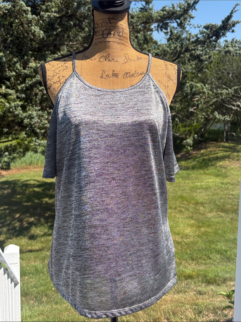 Jennifer Lopez Cold Shoulder Short Sleeve Top Size XL Silver Shimmer